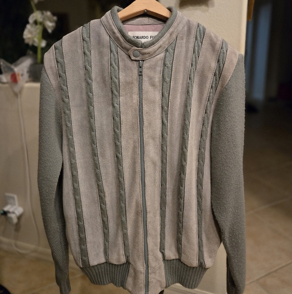 Vintage Leonardo Fini Mens Gray Split Cow Leather Sweater Jacket Size M